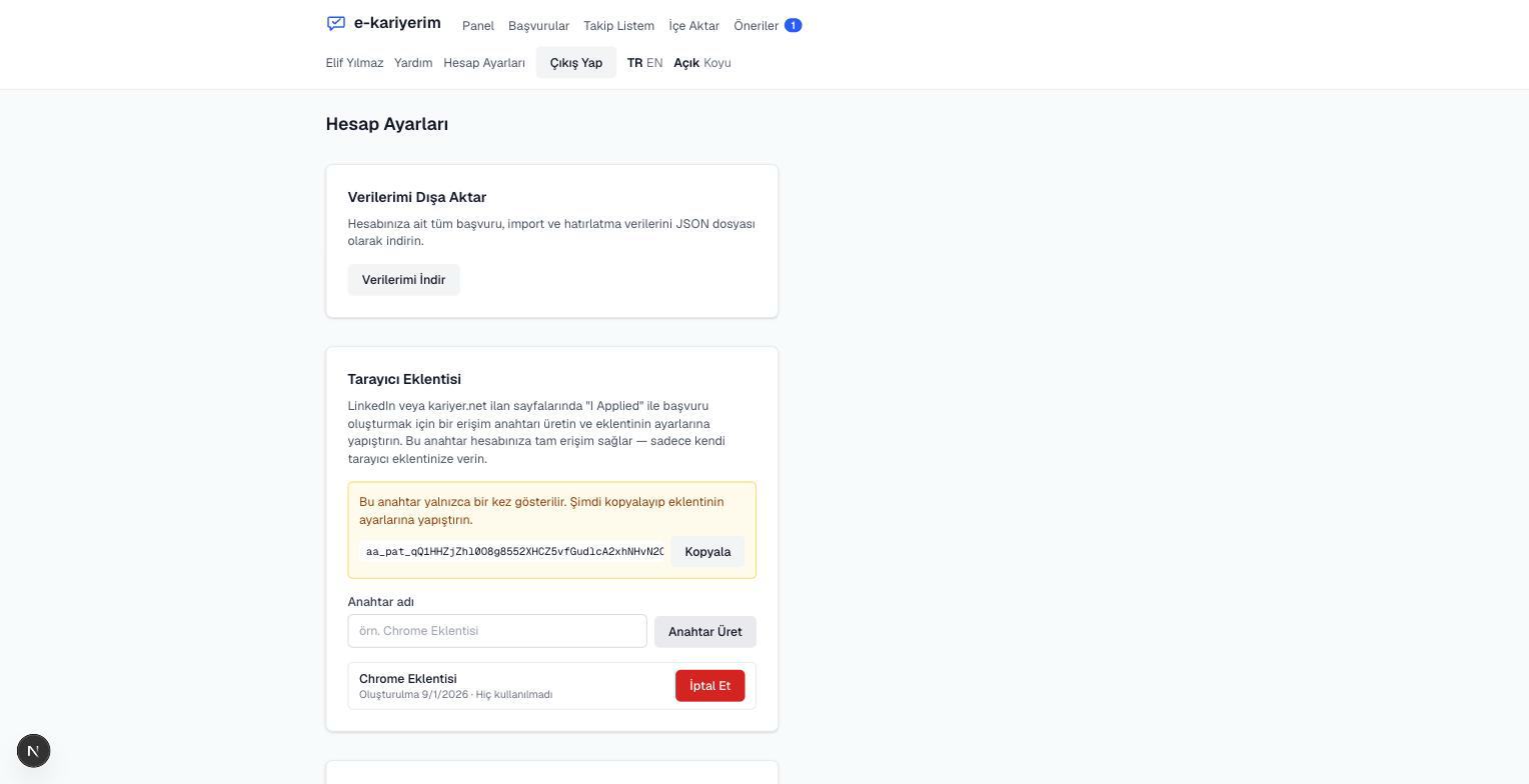Chrome Eklentisi için erişim anahtarı